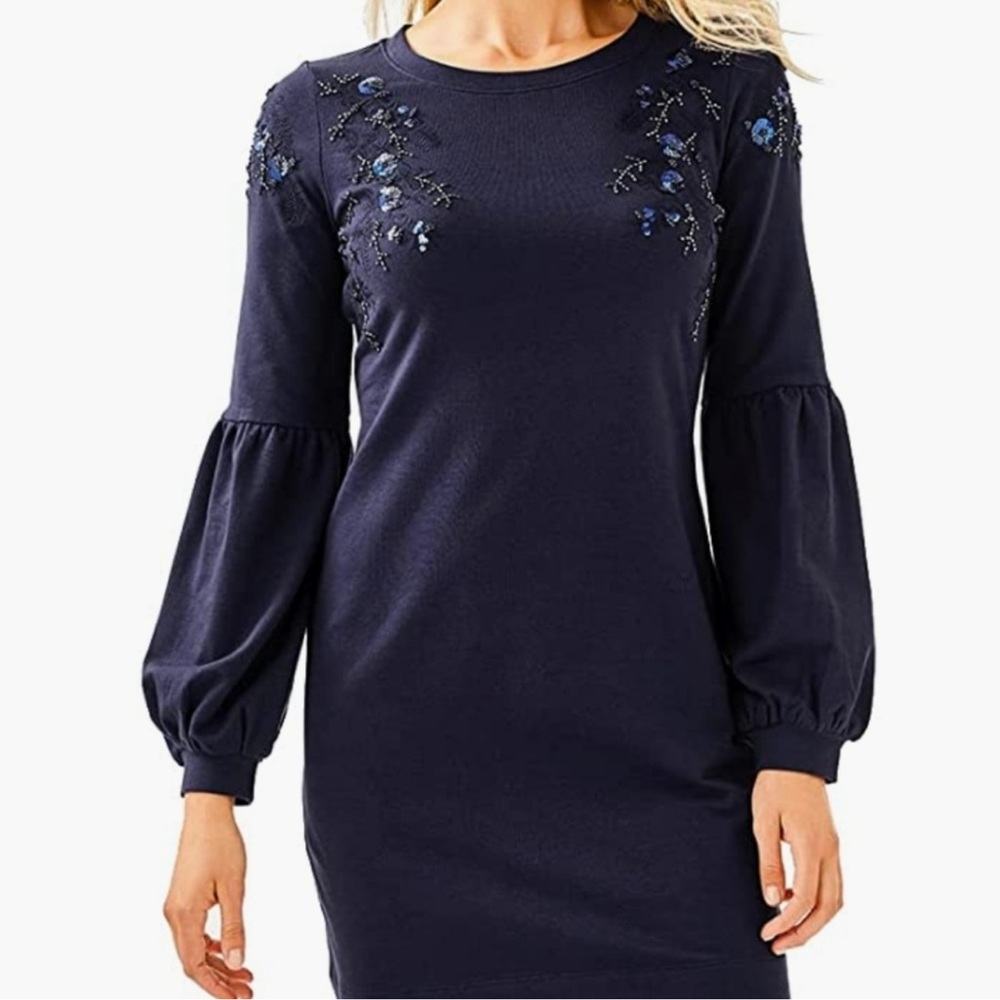 Lily Pulitzer Bartlett Sequin Embroidered Dress Long Sleeve Navy Blue Size XS